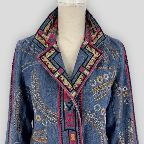 Coldwater Creek Embroidered Bohemian Hippie Denim Jacket Long Sleeve Womens PS - Picture 3 of 16